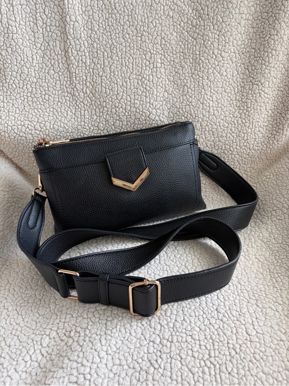 Black Pebbled Leather Crossbody with Gold V Accent